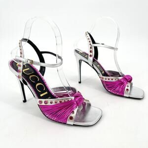 Gucci Crawford Silver Pink Crystal Trim Knotted Strappy Stiletto Sandals EU 37
